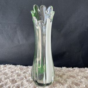 Vintage Swung Glass Finger Vase Clear White Green Ribbed 9” Handblown